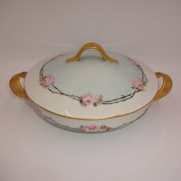 Vintage K&A Krautheim Selb Bavaria Vegetable Bowl & Lid White Blue Pink Roses - Picture 1 of 10